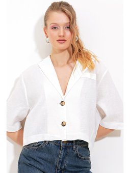 Çift Düğmeli Oversize Crop Keten Beyaz Ceket