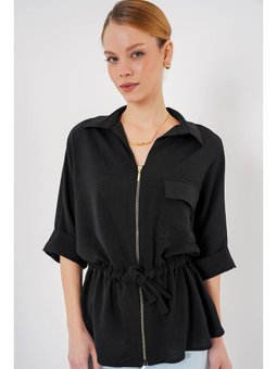 Fermuarlı Siyah Gömlek