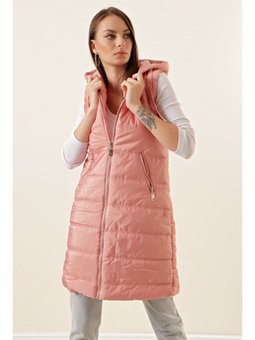 Kapüşonlu Uzun Şişme Pembe Yelek