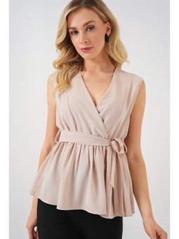 Kruvaze Yaka Kolsuz Krem Bluz