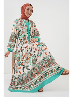 Otantik Desenli Yeşil Elbise
