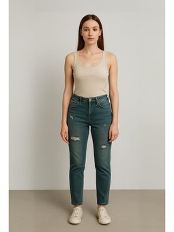 Yırtık Deyaylı Likralı Jean Haki Pantolon