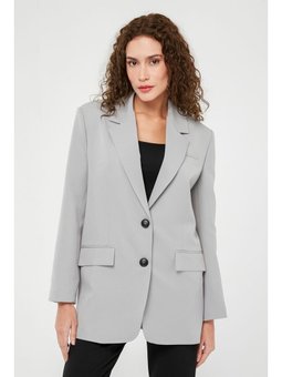 Düğmeli Oversize Blazer Gri Ceket
