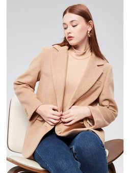 Kruvaze Yaka Regular Fit Kaşe Camel Ceket