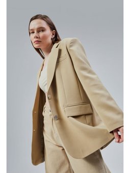 Oversize Düz Kesim Astarlı Dokuma Blazer Açık Haki Ceket