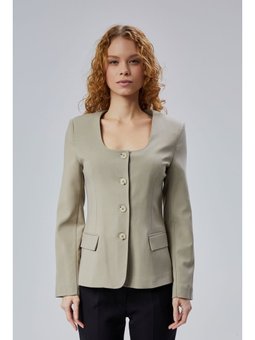 Regular Kare Yaka Dokuma Açık Haki Ceket