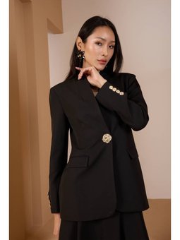 Salaş Kesim Düğme Detaylı Dokuma Blazer Ceket Siyah