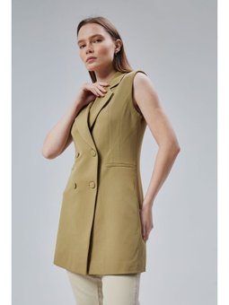 Uzun Kruvaze Dokuma Haki Yelek