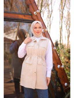 Belden Lastikli Çıtçıtlı Dört Cepli Kapitone Bej Yelek 46)