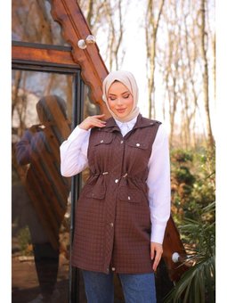 Belden Lastikli Çıtçıtlı Dört Cepli Kapitone Kahverengi Yelek 46)