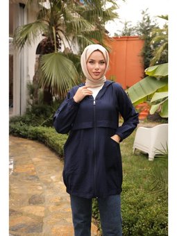 Fermuarlı Cepli Lastikli Kısa Şık Spor Lacivert Kap 46)