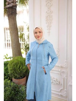 Fermuarlı Kapüşonlu Cepli Uzun Kollu İndigo Kap 46)