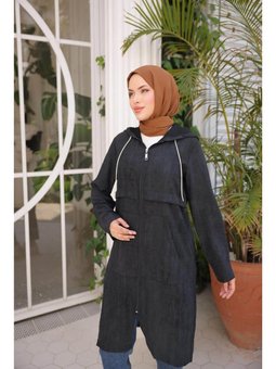 Fermuarlı Kapüşonlu Cepli Uzun Kollu Siyah Kap 46)