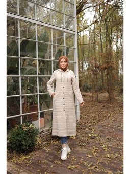 Kapüşonlu Çıtçıtlı İki Yan Cepli Uzun Bej Kap 46)