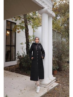 Kapüşonlu Çıtçıtlı İki Yan Cepli Uzun Siyah Kap 46)