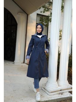 Kapüşonlu Fermuarlı Belden Lastikli Bondit Lacivert Kap 46)