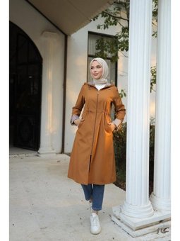 Kapüşonlu Fermuarlı Belden Lastikli Bondit Taba Kap 46)