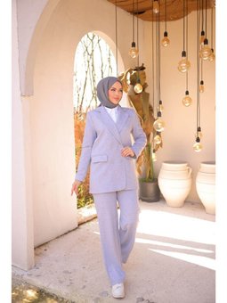 Kruvaze Dört Düğmeli Gri Ceket Takımı 46)