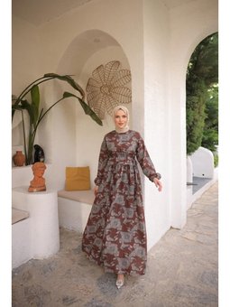 O Yaka Belden Bağcıklı Uzun Desenli Bol Rahat Kahverengi Elbise 46)