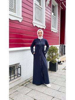 O Yaka Fermuarlı Yan Cepli Pamuklu Uzun Lacivert Ferace