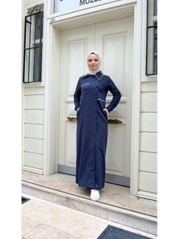 Yakalı Cepli Yandan Düğmeli Pamuklu Uzun Lacivert Ferace