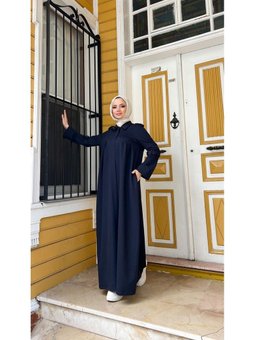 Yakalı Dirsek Kemer Detaylı Pamuklu Uzun Lacivert Ferace