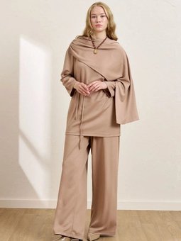 Atkılı Tunik & Bol Paça Pantolon Karamel Takım