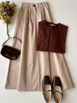 Keten Tek Düğmeli Etek & Body Acı Kahve Takım Pastel Krem