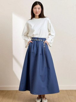 Keten Tek Düğmeli İndigo Etek