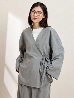 Organik Keten Bağlamalı Gri Tunik