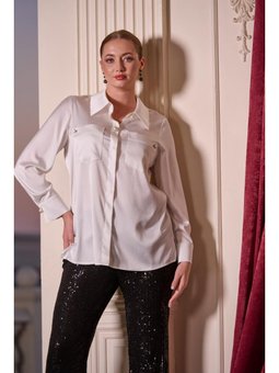 Büyük Beden Çift Cepli Pamuk Saten Aksesuar Detaylı Kemik Gömlek