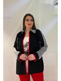 Büyük Beden Çizgili Kırmızı Ceket