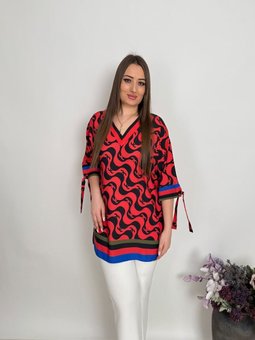 Büyük Beden Dijital Baskılı Krep Kırmızı Bluz