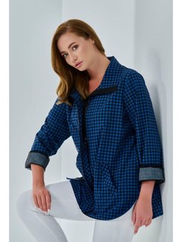 Büyük Beden Ekoseli Saks Mavisi Ceket