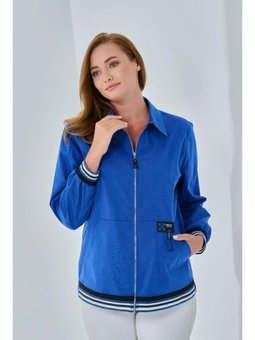 Büyük Beden Fermuar Detaylı Kanguru Cepli Ceket Saks