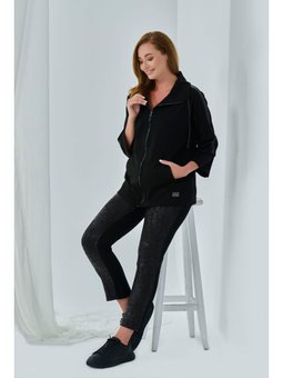 Büyük Beden Fermuarlı Ve Omuzlar Şerit Detaylı Siyah Ceket