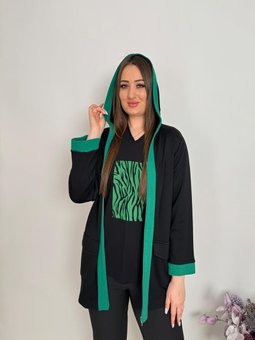 Büyük Beden Kapşonlu Cep Detaylı Siyah Ceket