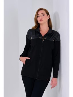 Büyük Beden Kapşonlu Fermuar Detaylı Siyah Ceket