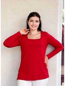 Büyük Beden Likralı U Yaka Kırmızı Bluz