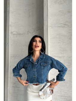 Çift Kapaklı Lazer Kesim Crop Kot Mavi Ceket