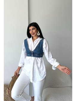 Kot Büstiyer Kısa Crop Düğmeli Koyu Mavi