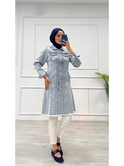 Kot Tunik Püskül Detaylı Çift Cepli Denim Açık Mavi Ceket