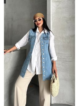 Tunik Uzun Düğmeli İki Cepli Kot Mavi Yelek