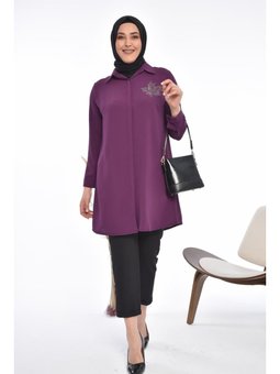 Büyük Beden Yaprak Baskılı Mürdüm Gömlek Tunik