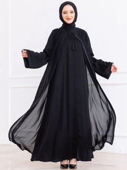 Dubai İpeği Üzeri İpek Şifon Ve Kristal Taş Tasarım Siyah Ferace