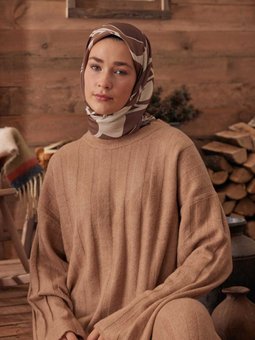 Color Block Desen Pamuk İpek Eşarp Fındık Kabuğu