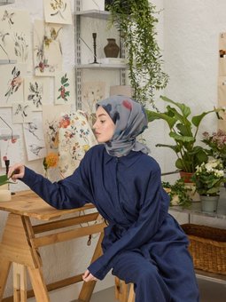 Isla Desen Pamuk İpek Mavi Eşarp