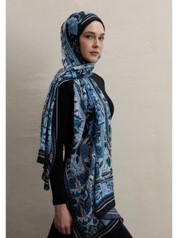 Lılıes Desen İpek Krep Lacivert Şal