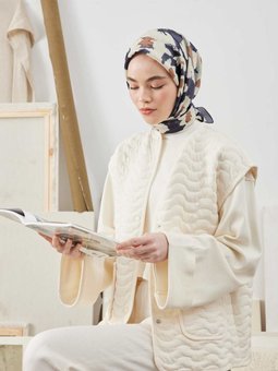 Multı Flower Desen Pamuk İpek Lacivert Eşarp