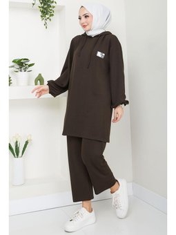 Arma Detaylı Kapüşonlu İkili Acı Kahverengi Takım